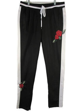 Screenshot Women Mid Rise Rose Embroidered Pants Skinny Leg Pockets Size L Black